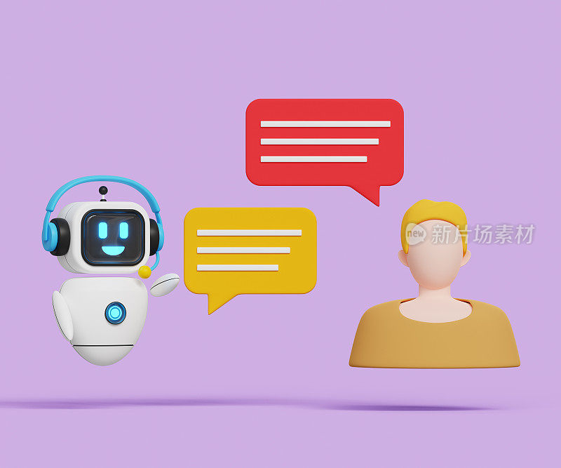 3D AI助手。人工智能聊天机器人。人工智能业务和物联网概念。未来的营销。人工智能聊天机器人与人类聊天。三维演示